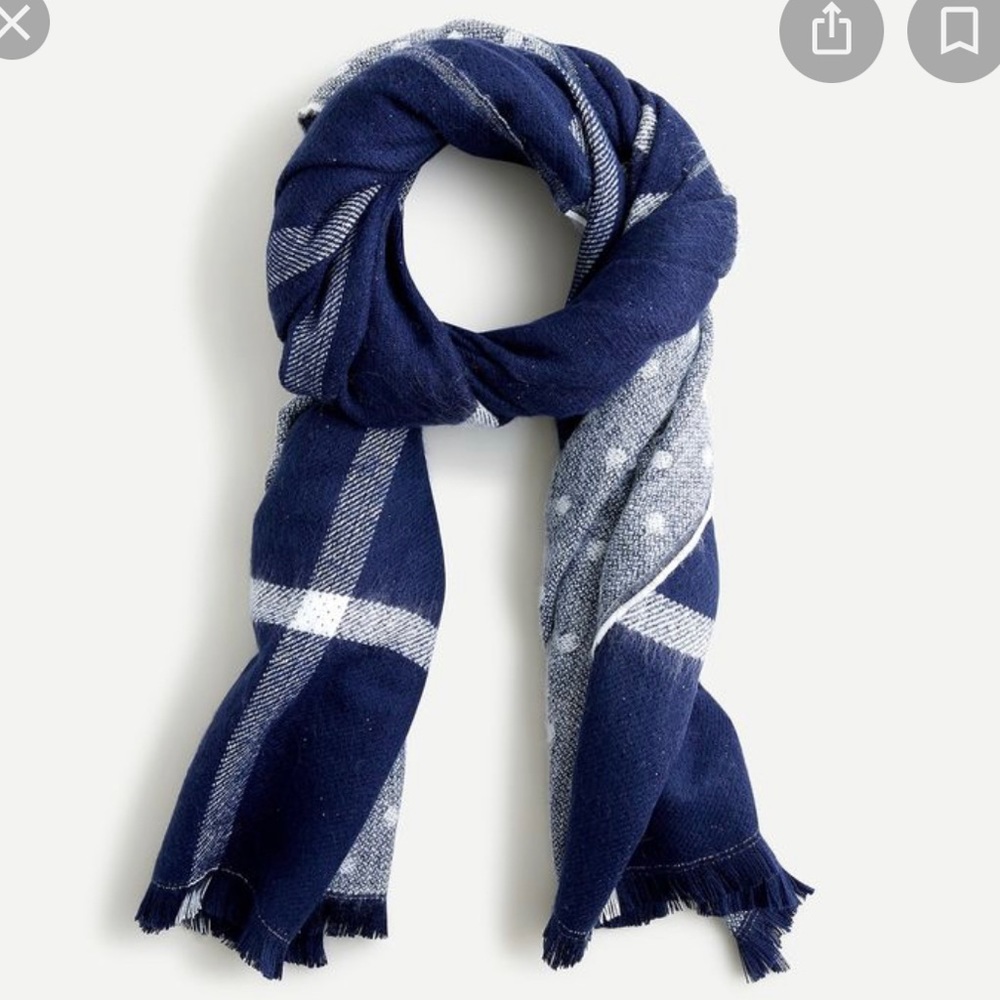 J Crew reversible navy/white blanket scarf - plaid and polka dots (NWOT)